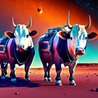 Futuristic cows with mechanical enhancements on Martian landscape