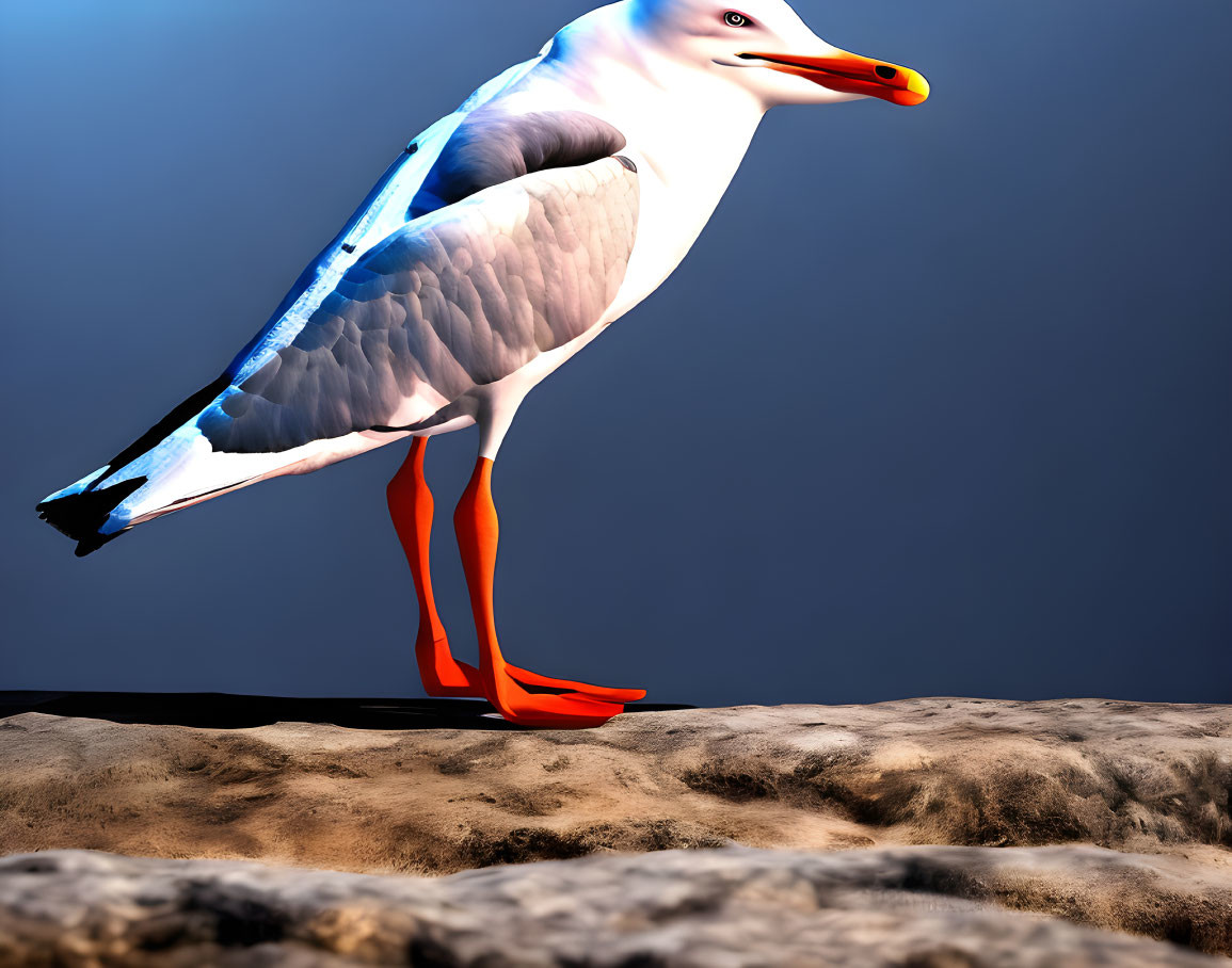 Vivid Orange Beaked Seagull on Sandy Ground with Dark Blue Background