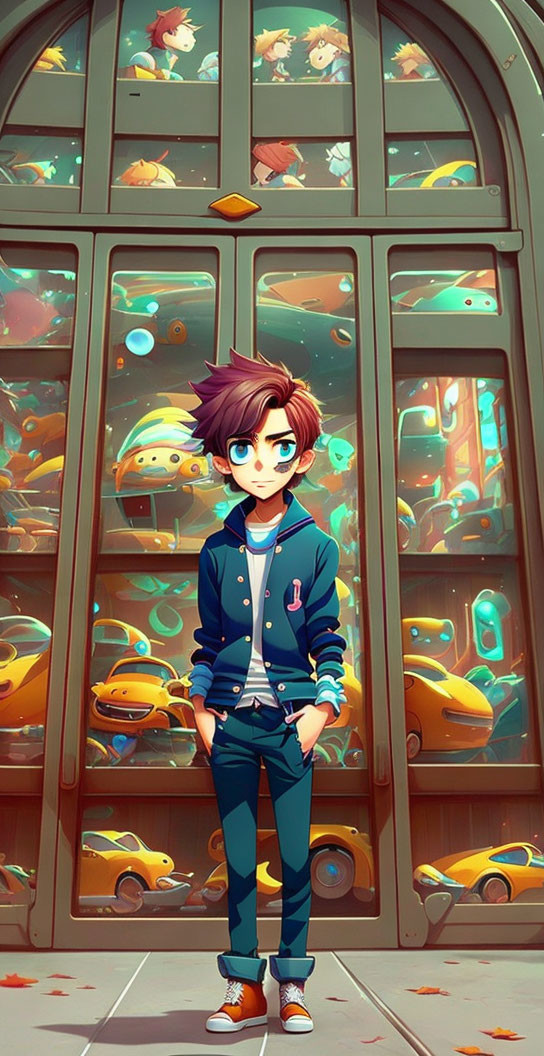 Illustration of young person in blue jacket by arched window with whimsical floating cars & creatures