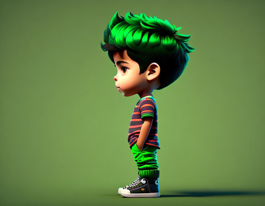 Bright Green-Haired 3D Character in Profile Pose