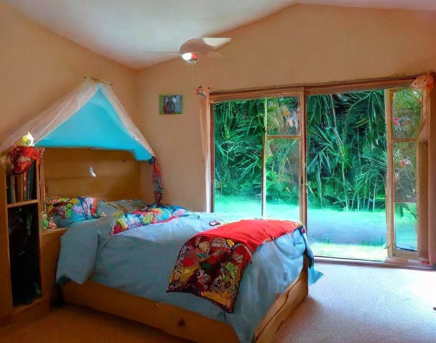 Spacious bedroom with colorful bedding and greenery view