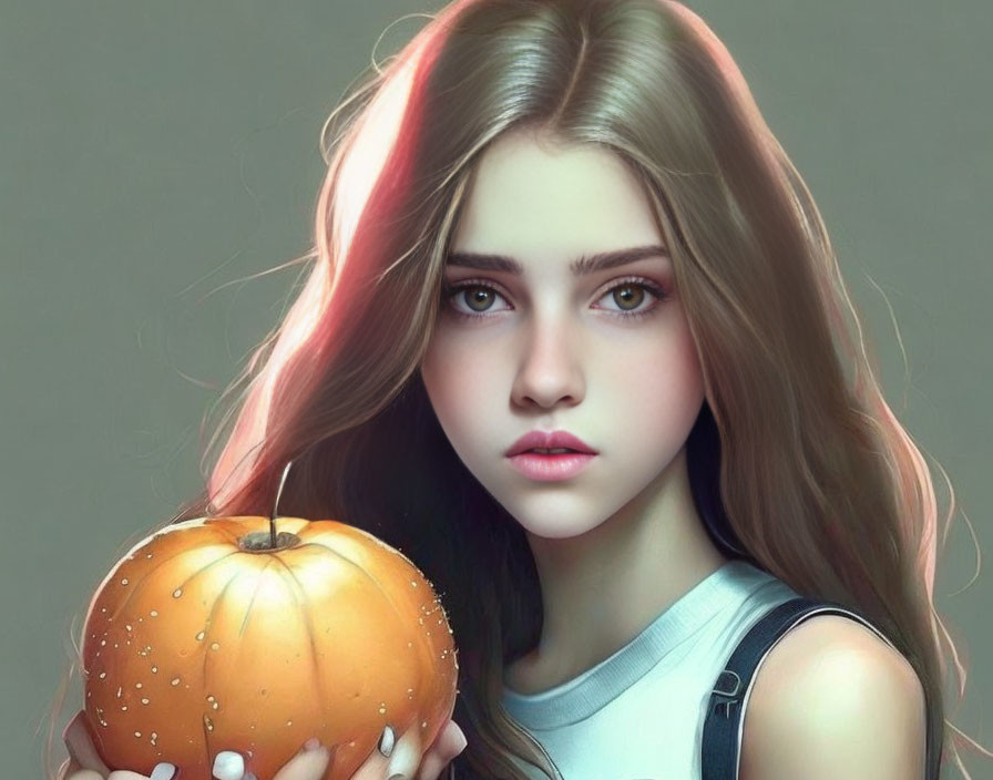 Digital artwork of young woman with striking eyes holding orange pumpkin