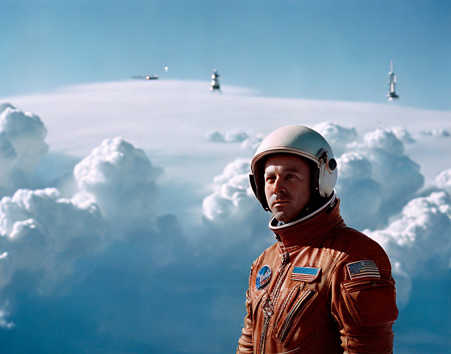 Vintage orange spacesuit astronaut against clouds and rocket towers