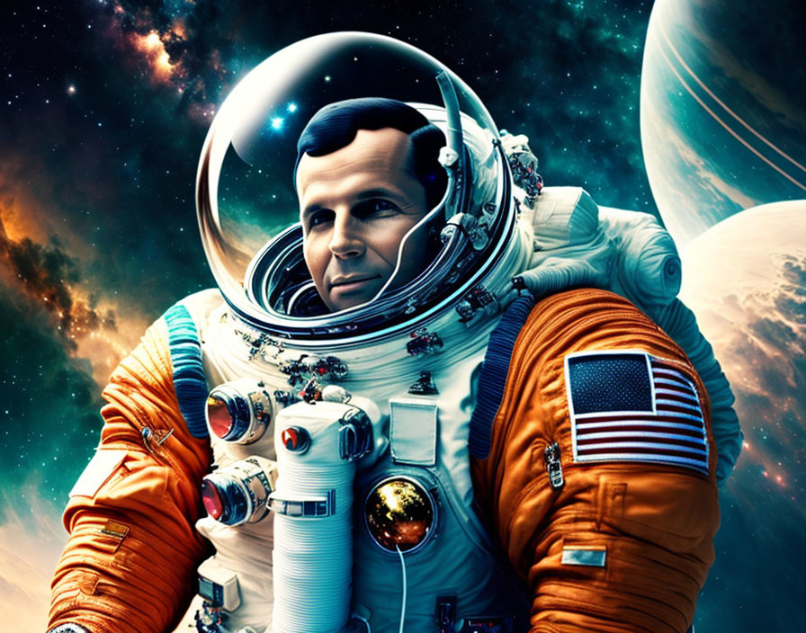Astronaut in space suit with reflective visor among planets and stars
