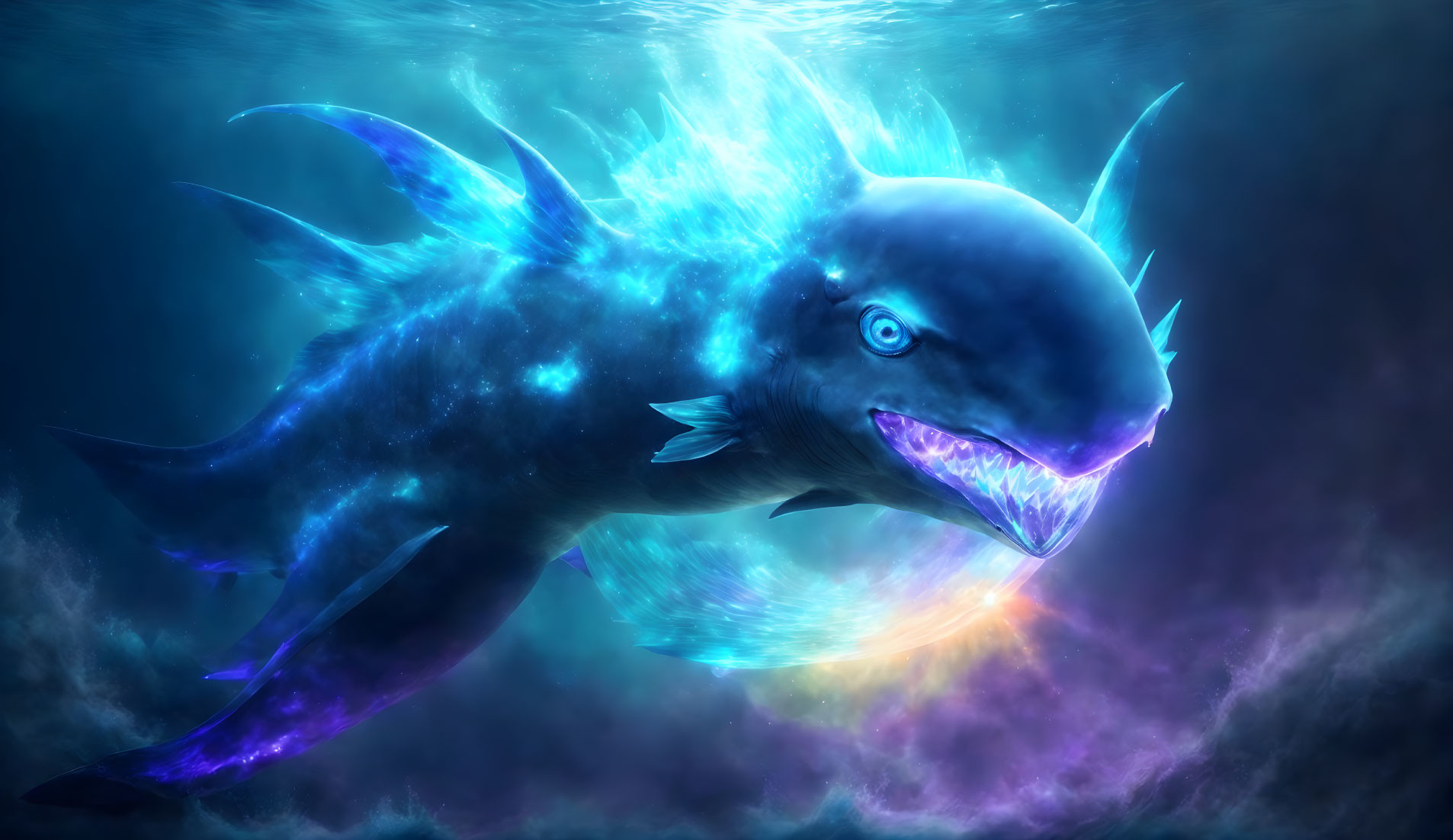 Luminous deep-sea creature with glowing fins and sharp teeth in dark underwater setting