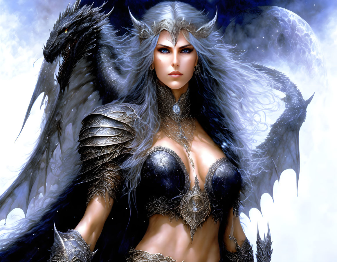 Fantasy illustration: Warrior woman with silver hair in dragon-themed black armor with mystical wolf.