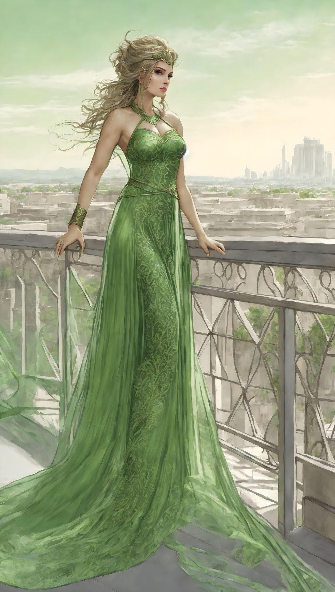 Digital artwork of woman in green dress on balcony with detailed hair and city skyline.