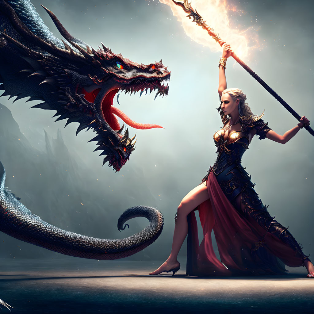 Ornate armor woman with flaming staff faces two-headed dragon in misty setting