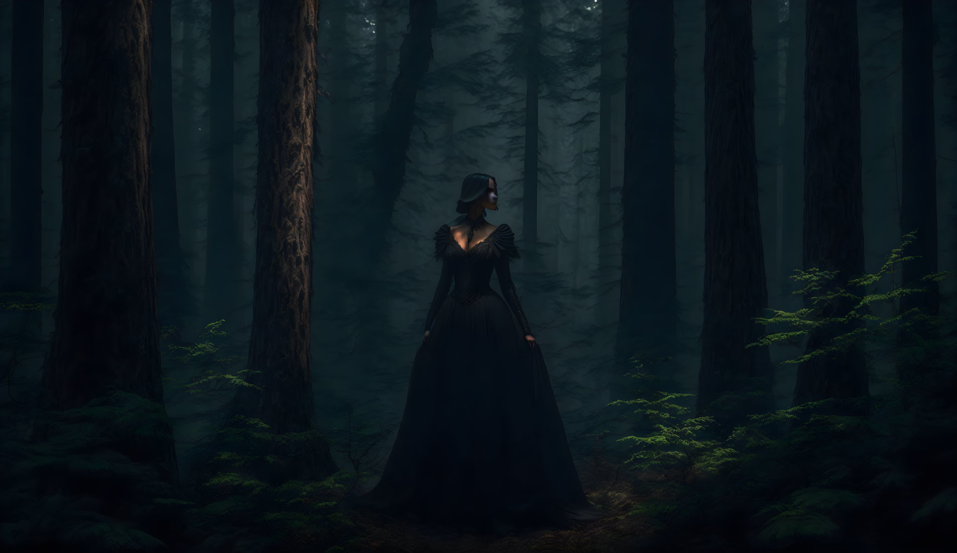 Woman in Dark Dress Standing in Misty Forest with Soft Light