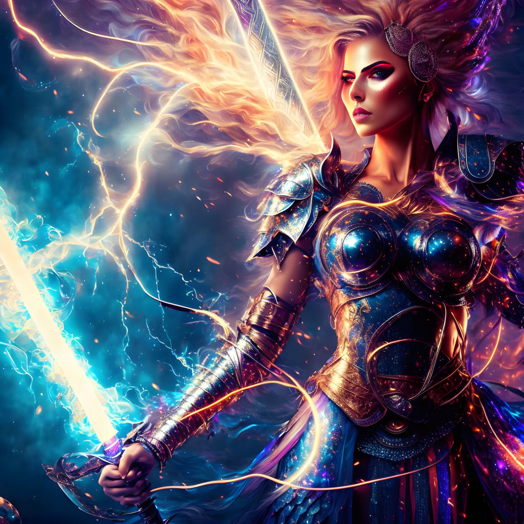 Warrior woman in blue armor with glowing sword and lightning tendrils.