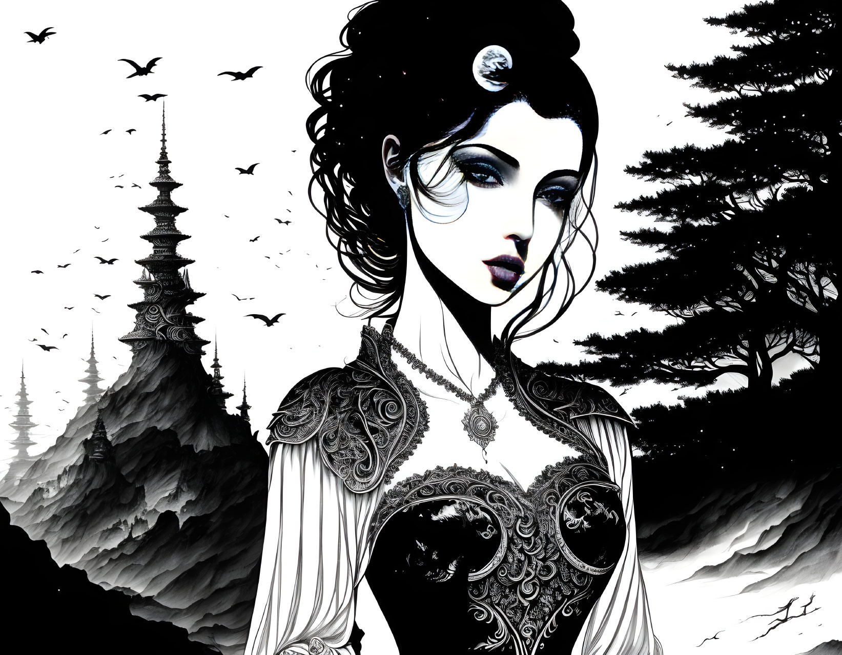 Monochrome artwork featuring woman in ornate attire with dark lips, mystical scenery.