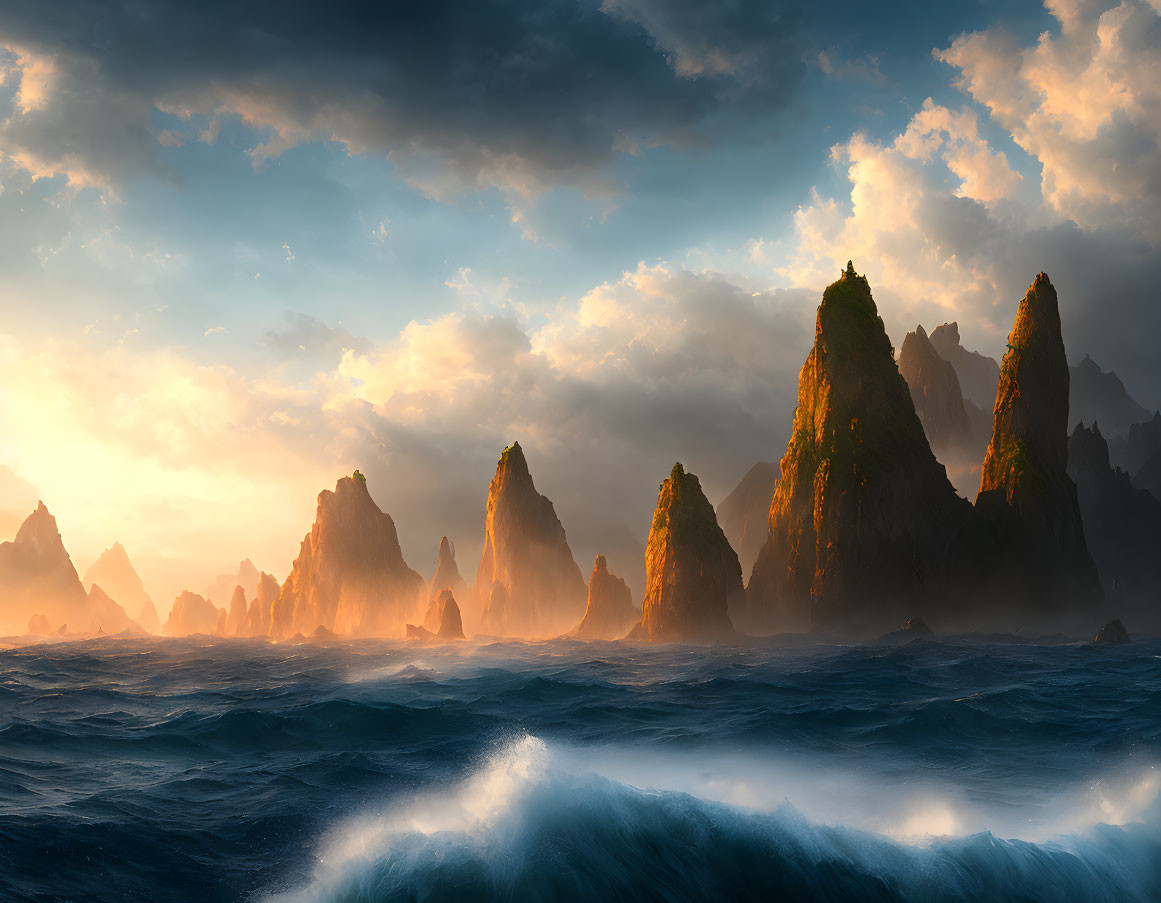 Dramatic sunset over towering sea cliffs and tumultuous ocean waves