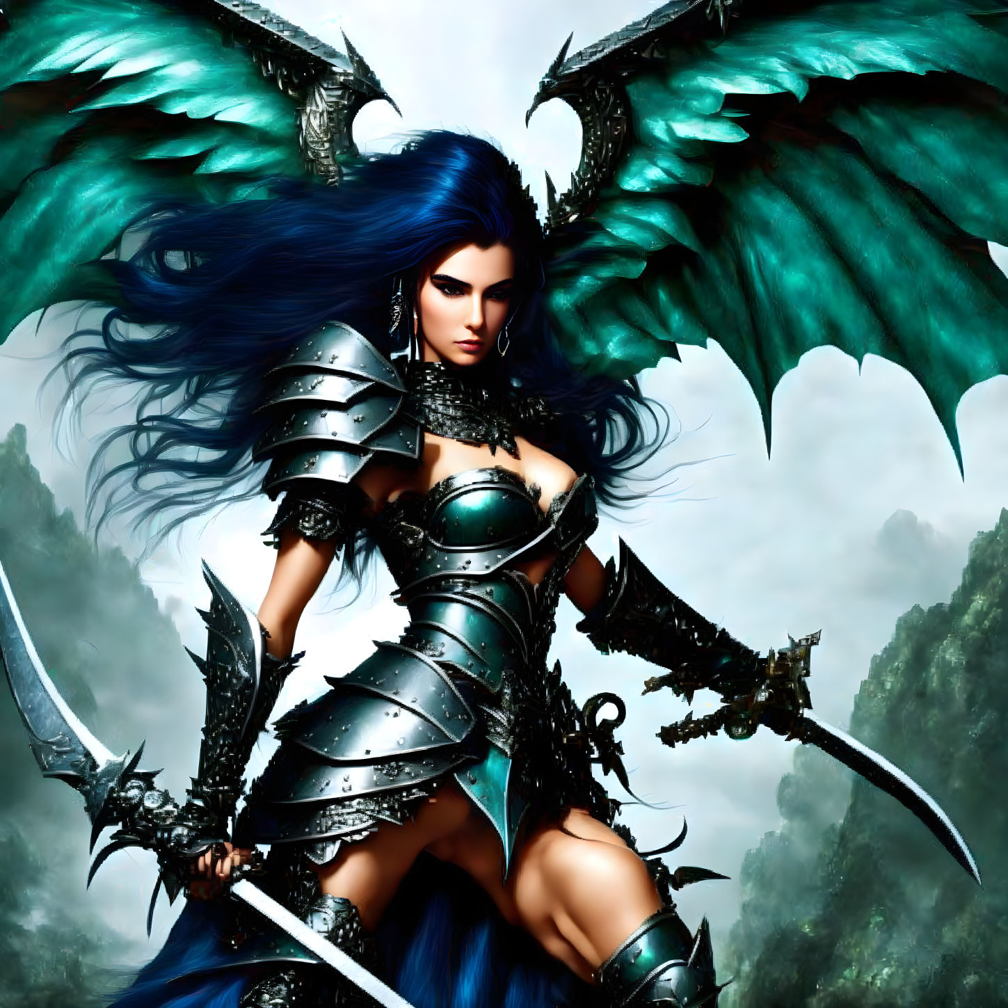 Fantasy armored female warrior with blue hair and eagle-like wings in mystical forest