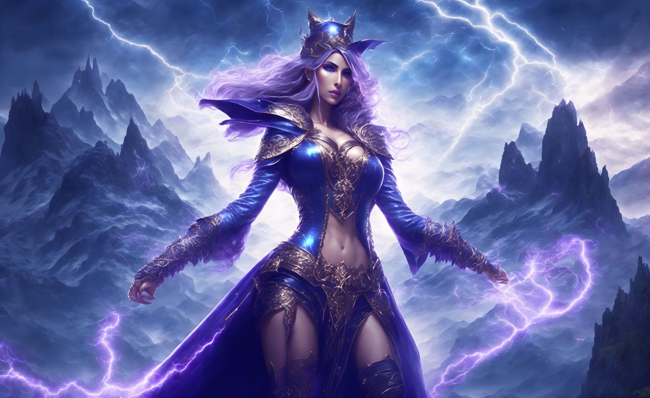 Female warrior in purple hair and golden armor under stormy skies with lightning.