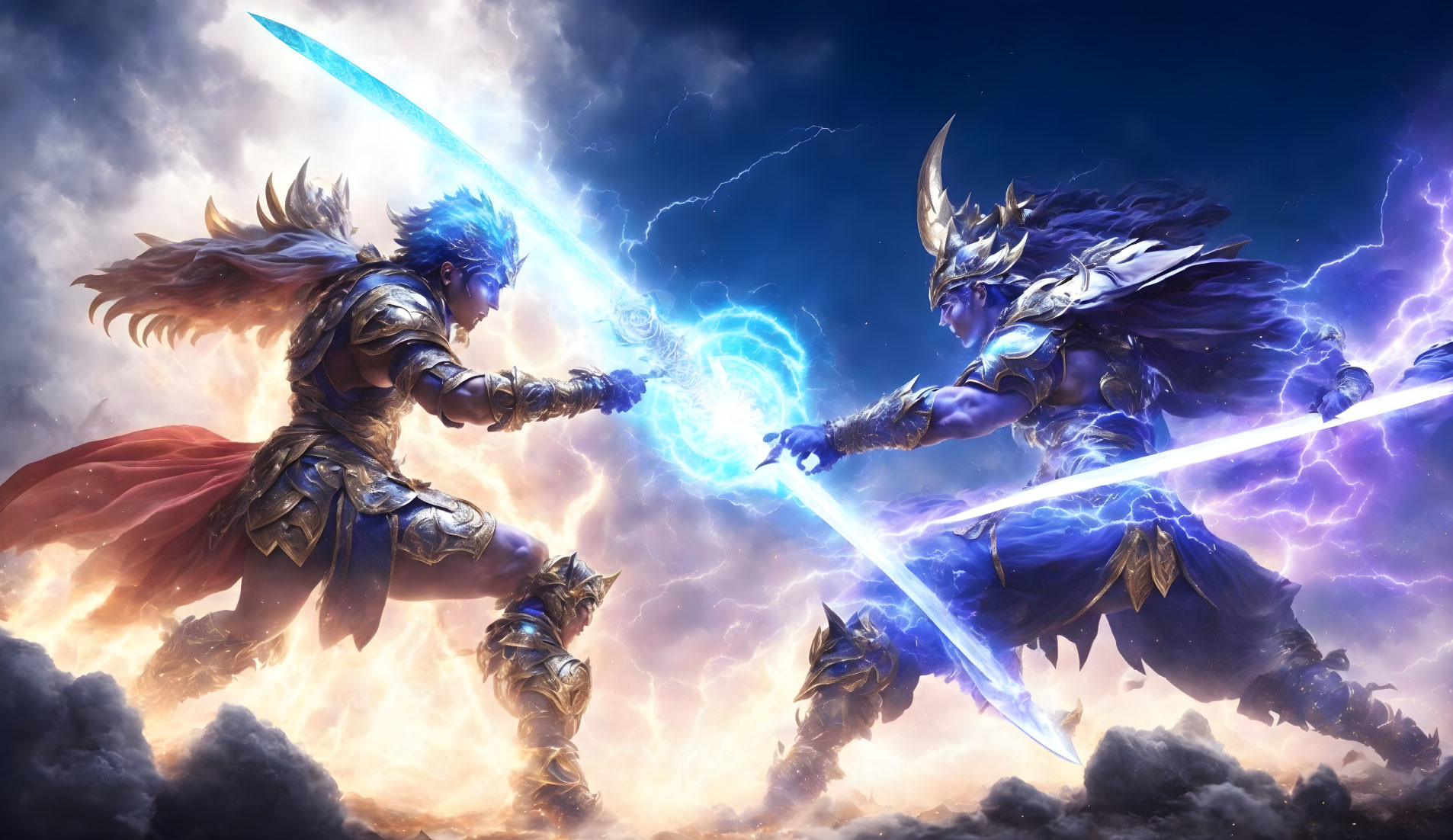 Armored warriors clash with glowing swords under dramatic sky