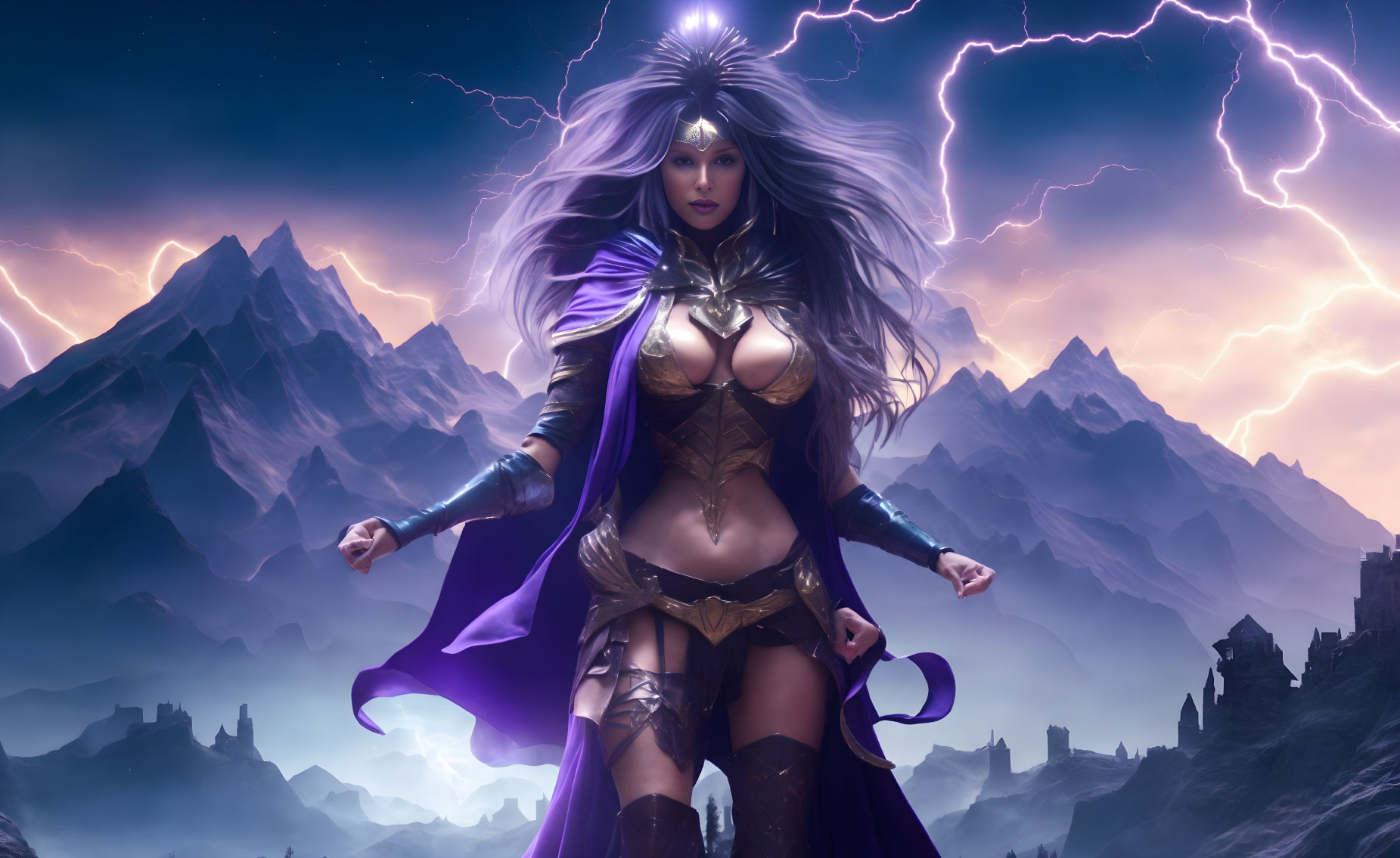 Fantasy female character digital artwork with purple cloak and armor in stormy mountain setting