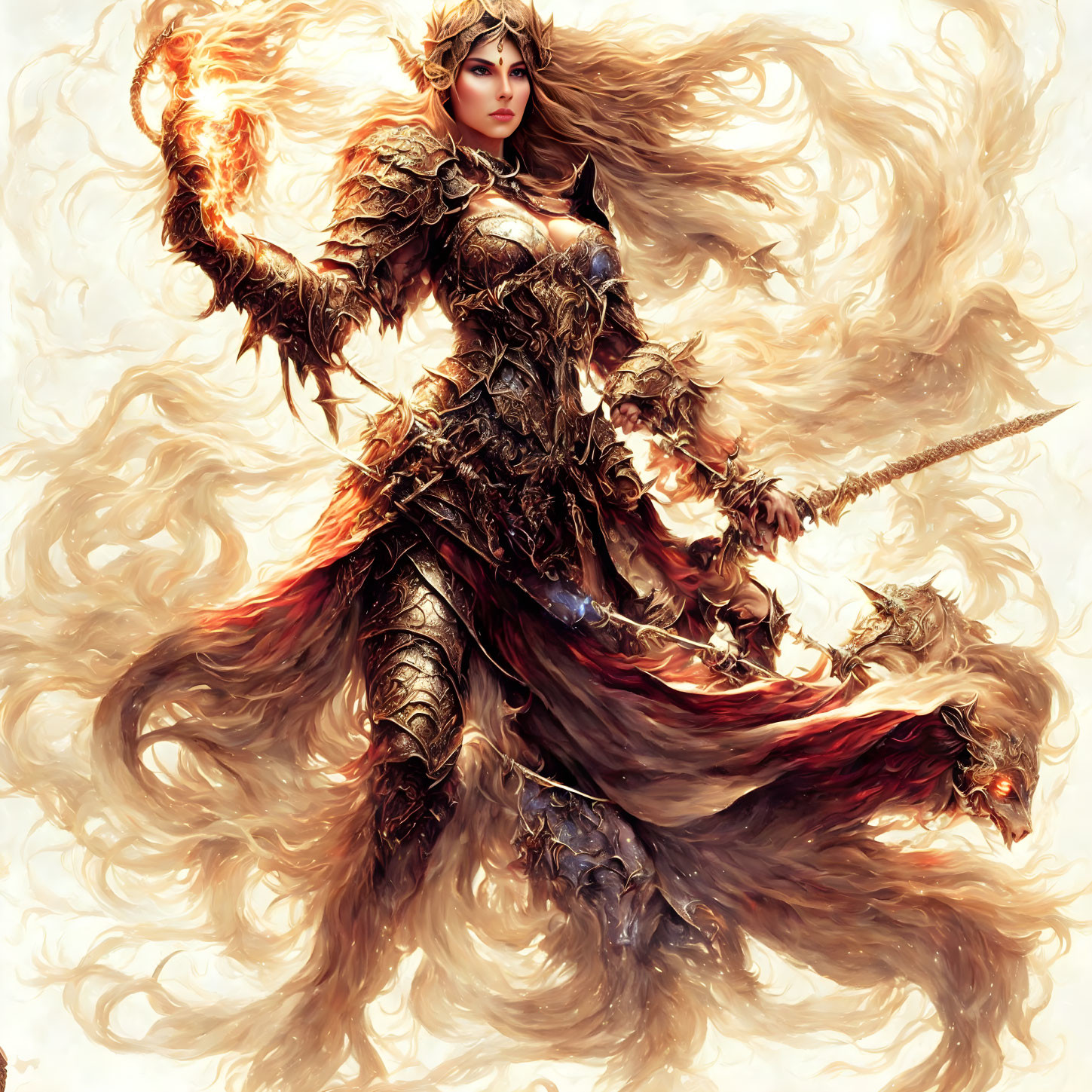 Female warrior in ornate armor with flaming sword & fiery aura.