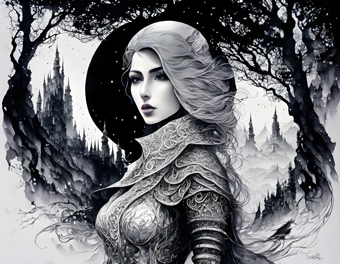 Monochromatic fantasy artwork: armored woman, eclipse backdrop, intricate trees, castle silhouette