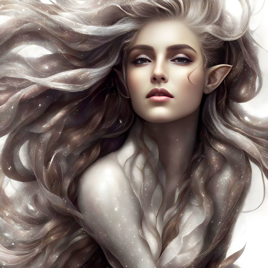 Fantasy illustration: Elf woman with long hair and pointed ears