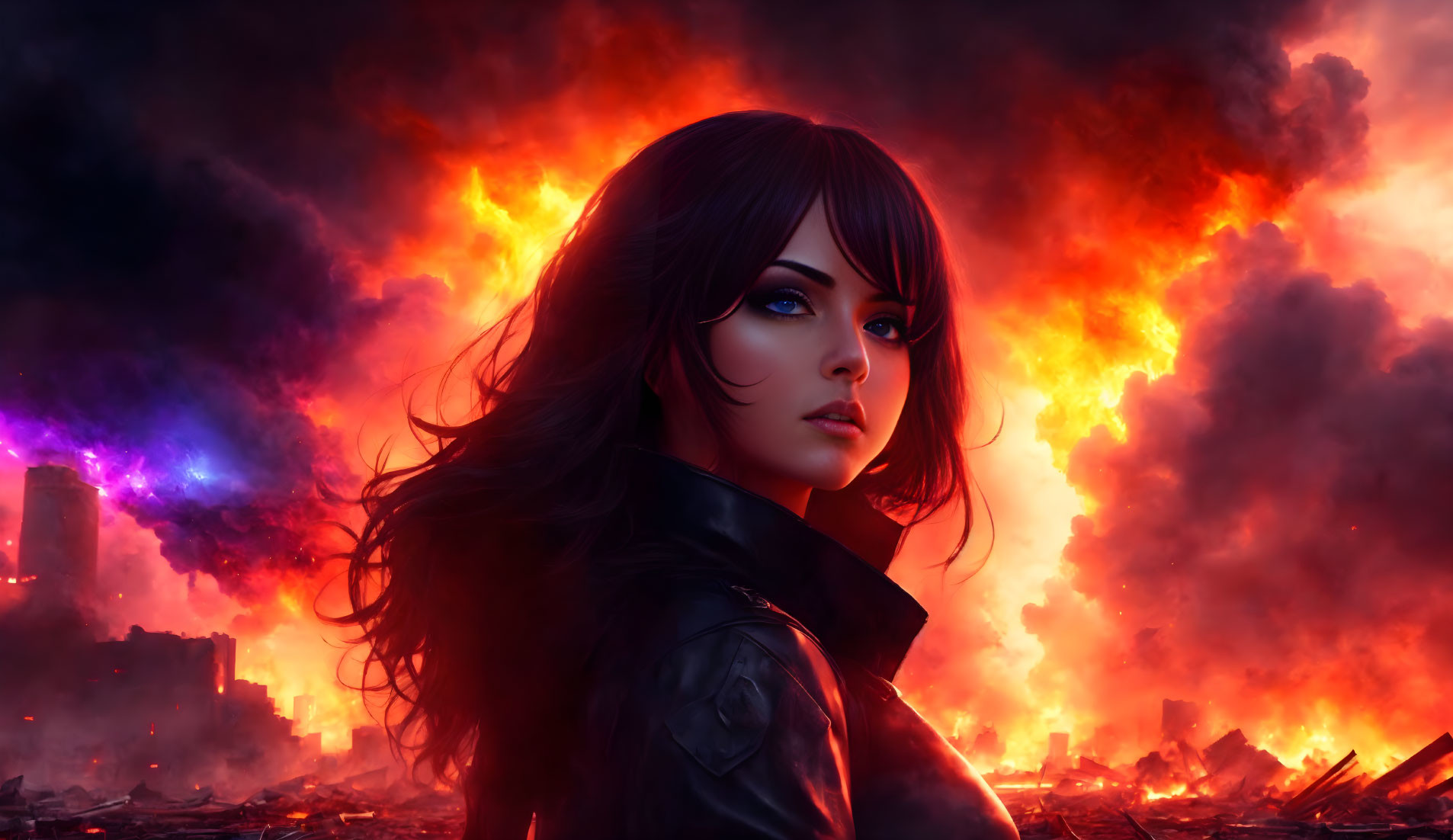 Dark-haired woman in fiery dystopian scene with red and purple hues