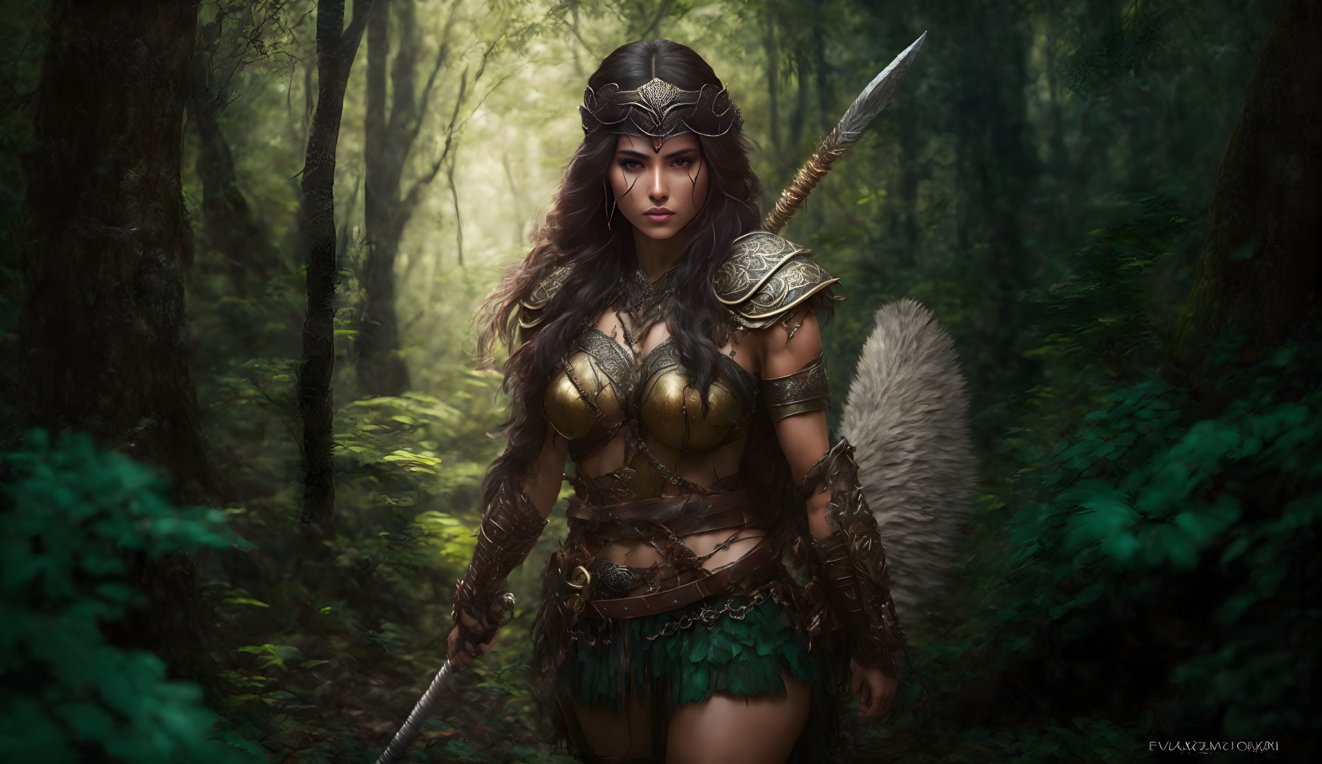 Warrior woman in bronze armor wields sword in misty forest