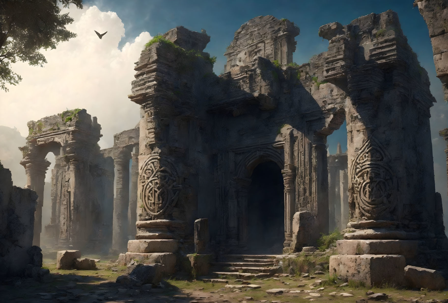 Ancient stone temple ruins with intricate carvings in overgrown setting.