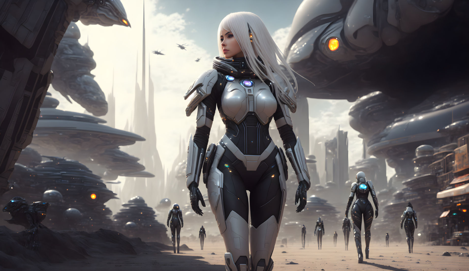 Futuristic female warrior in white and gray armor among alien structures