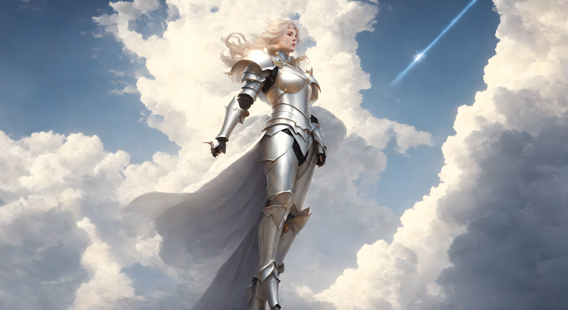 Ethereal female knight in shining armor among wispy clouds and serene sky.