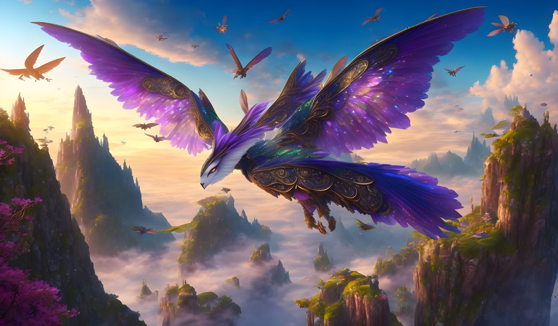 Vibrant purple and blue bird flying over misty mountains and cherry blossoms