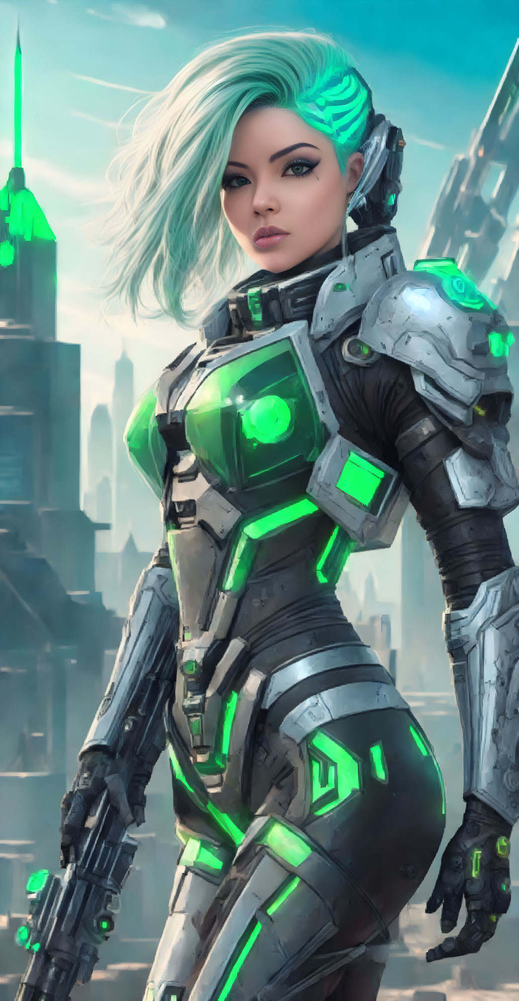 Teal-haired female character in futuristic armor with glowing green lights against cityscape.