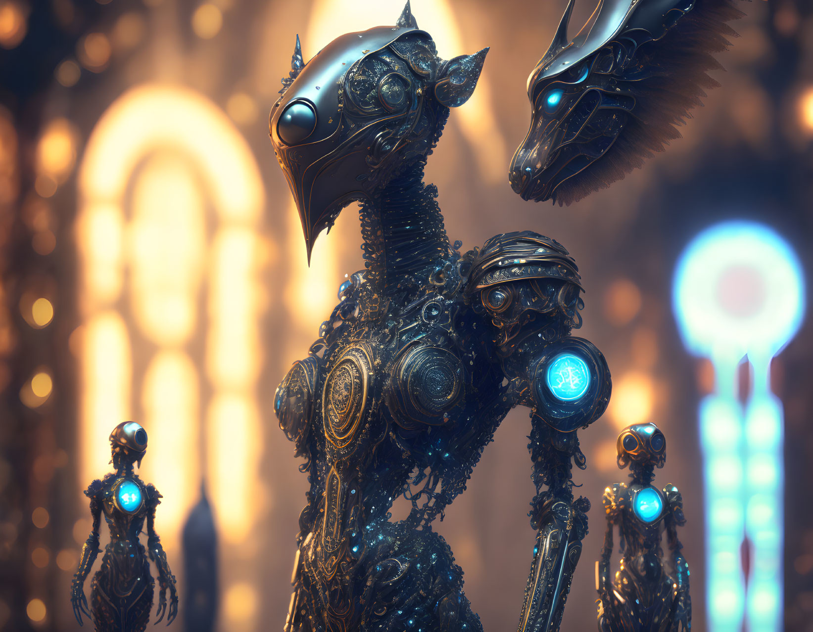 Detailed robotic entity with glowing blue elements on ornate backdrop