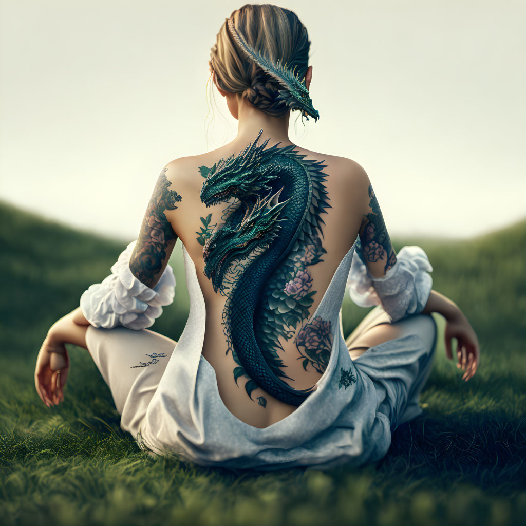 Detailed dragon tattoo on woman's back sitting in serene grass setting.