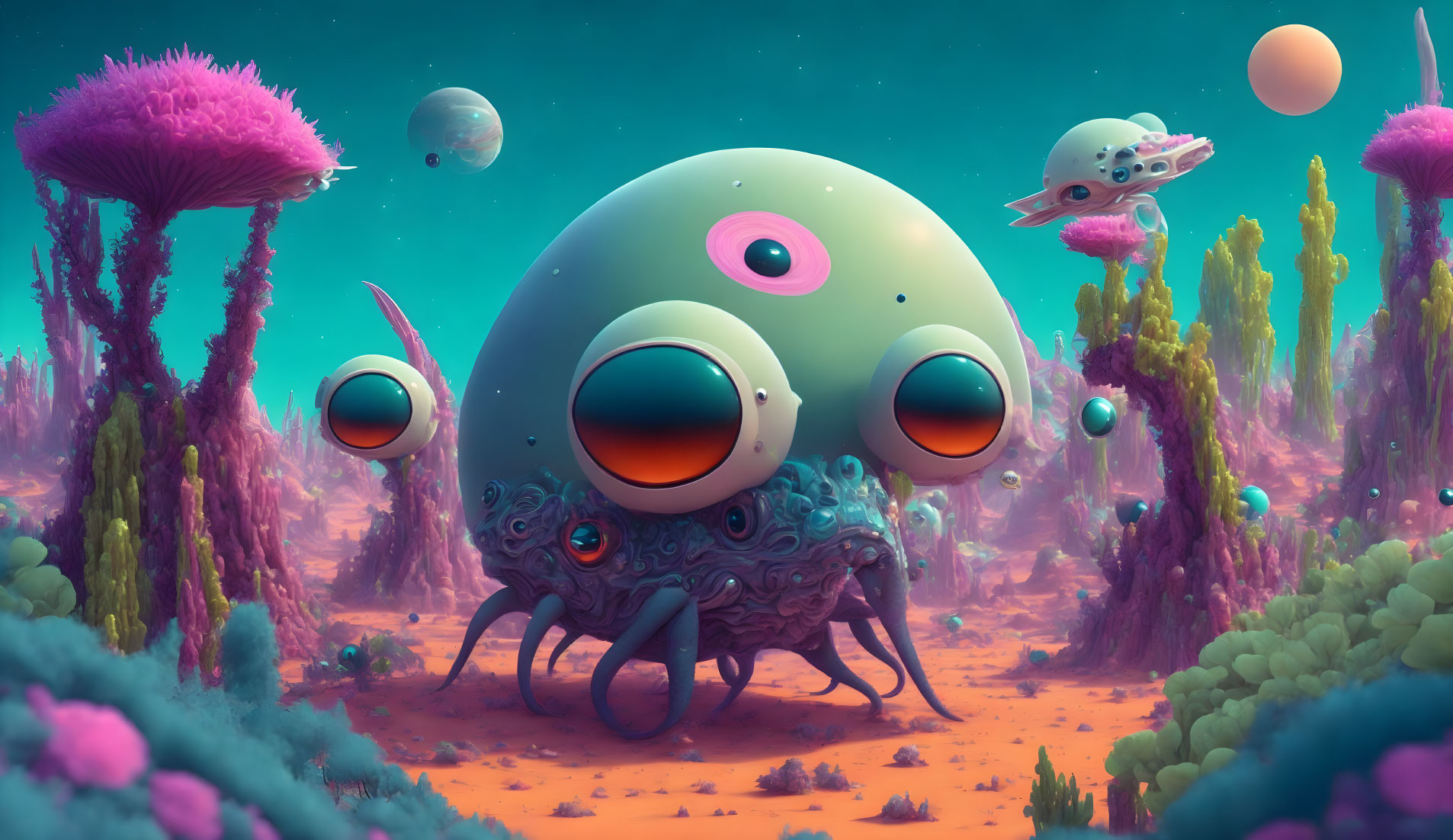 Vibrant alien landscape with whimsical flora and large-eyed creature