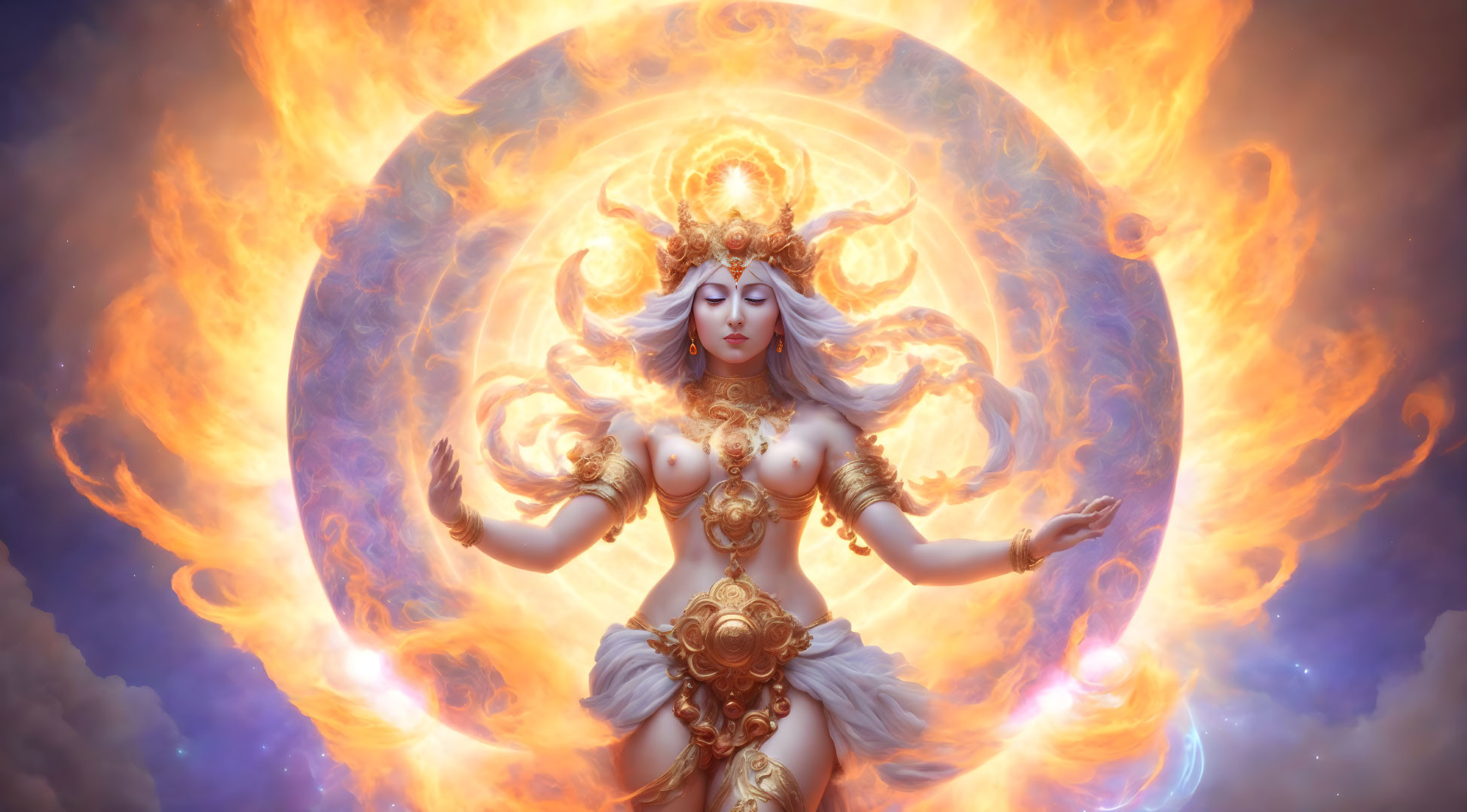 Golden Attired Multi-Armed Figure in Fiery Halo