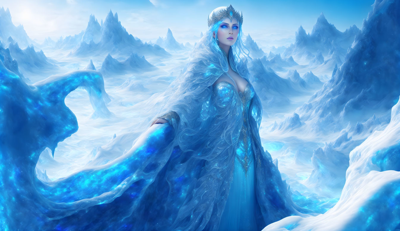 Majestic figure in icy blue ensemble amid snowy mountain landscape