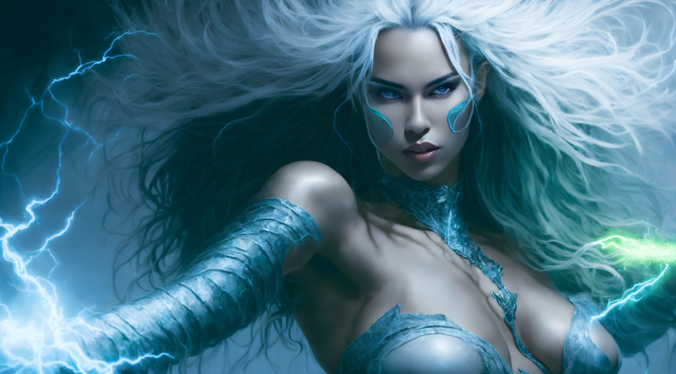 Fantasy illustration of woman with white hair and blue skin among electric sparks