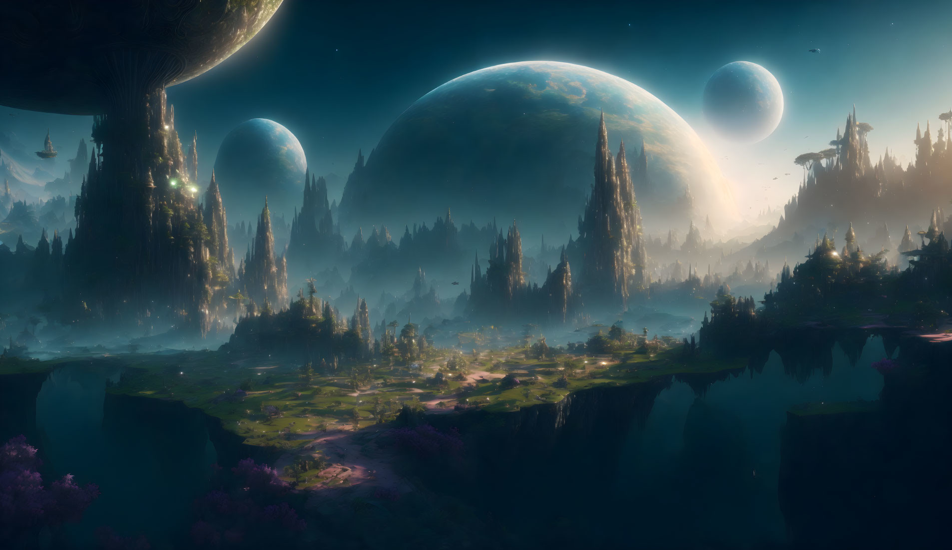 Fantastical landscape with towering spires and floating islands