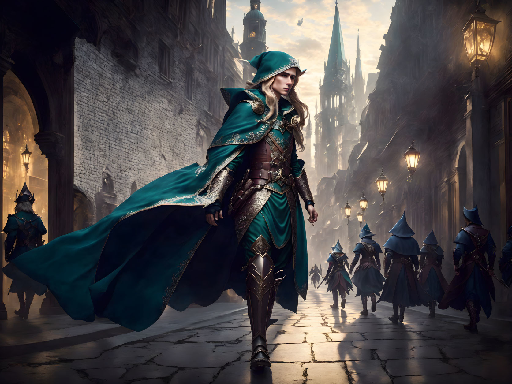 Elf in ornate armor and cloak in gothic cityscape with marching soldiers