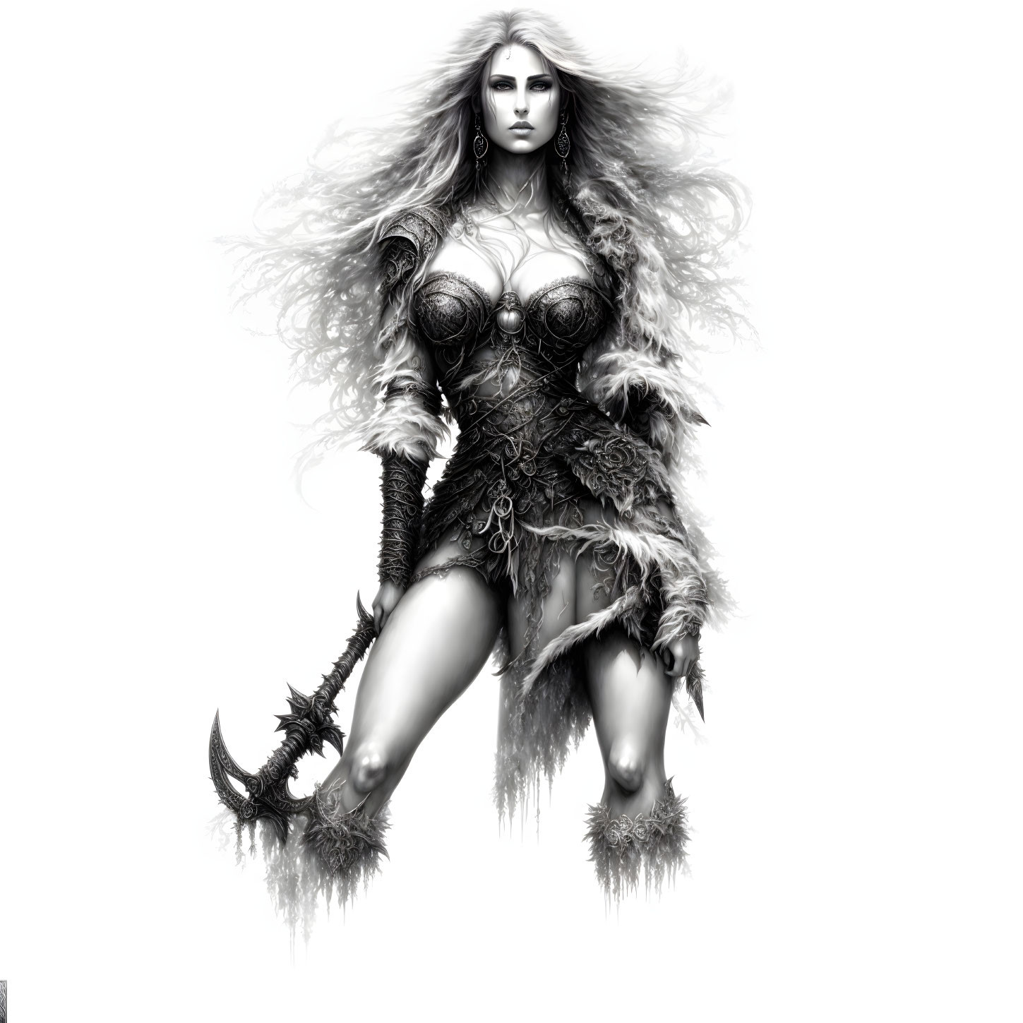 Grayscale fantasy woman with voluminous hair, ornate armor, and curved weapon