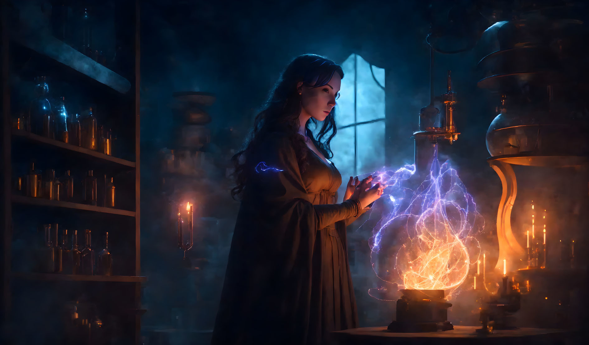 Medieval woman in dress with glowing orb in alchemist's lab