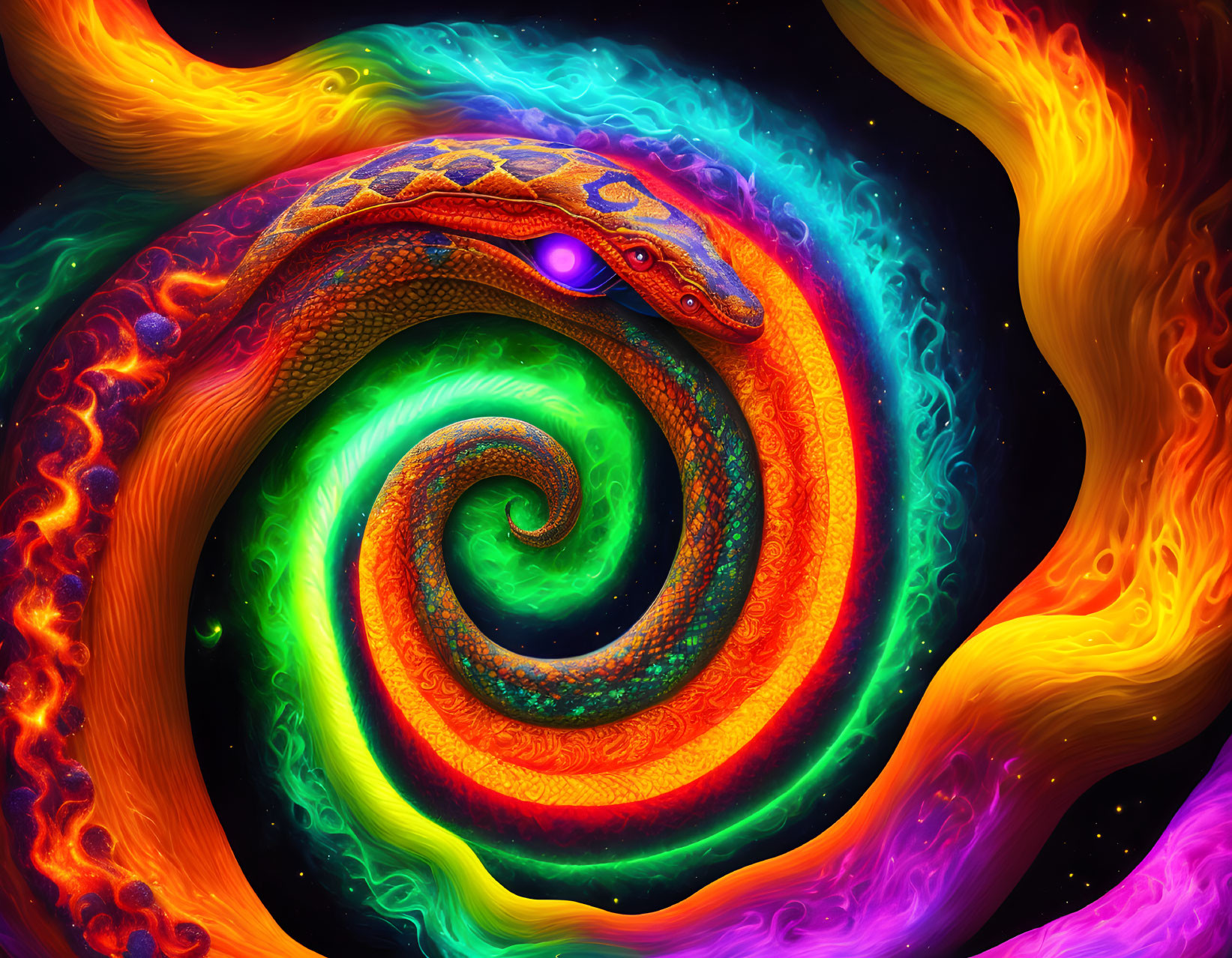 Colorful Cosmic Serpent Entwined in Galaxy Swirls