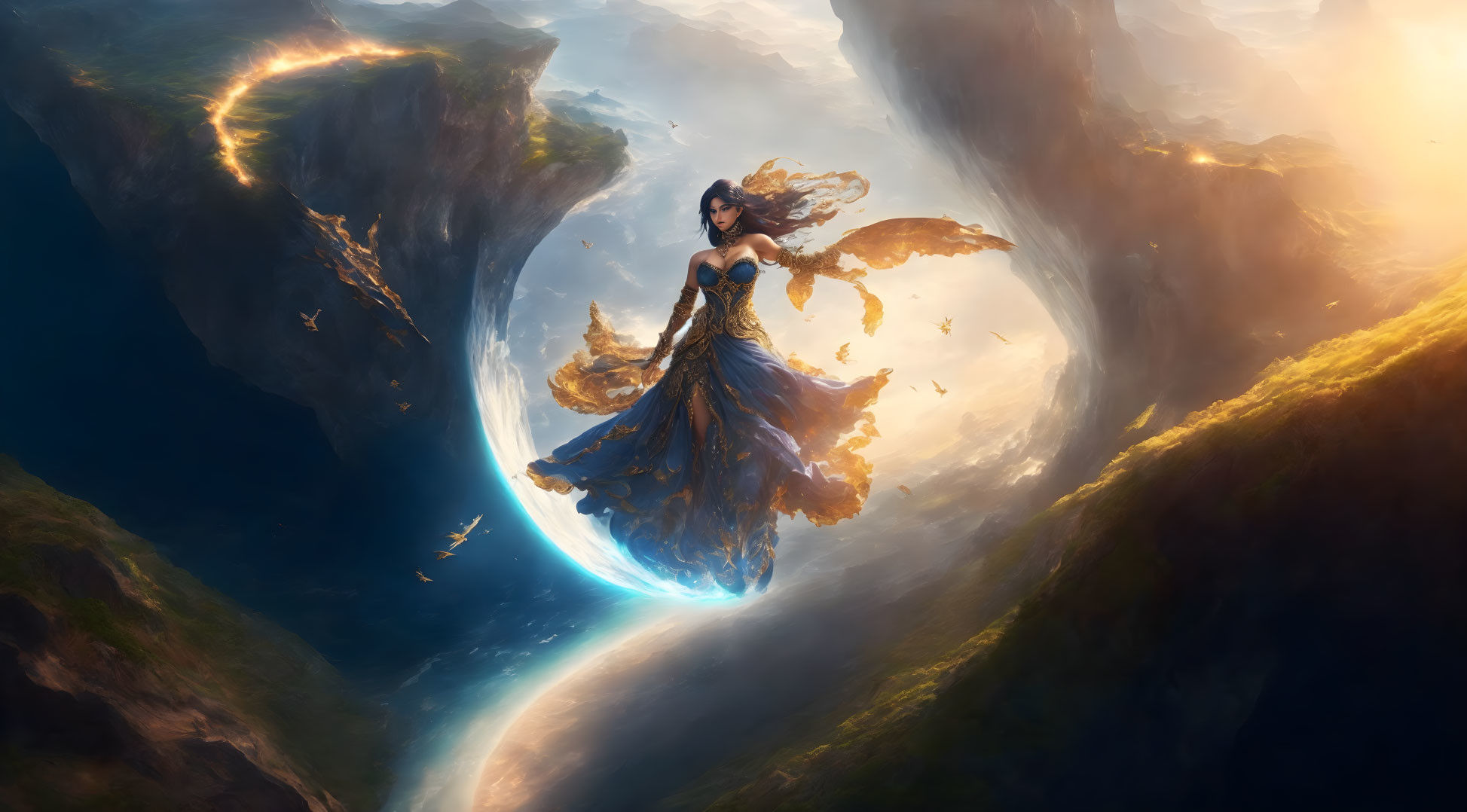 Majestic female figure with wings in swirling vortex of rock and water