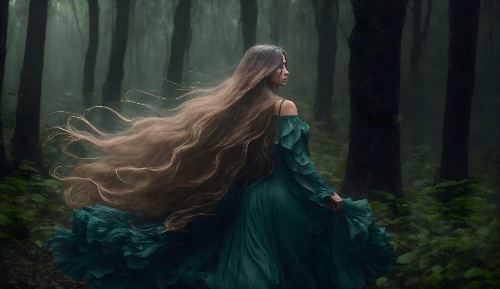 Woman with Long Hair in Teal Dress Contemplating in Misty Forest