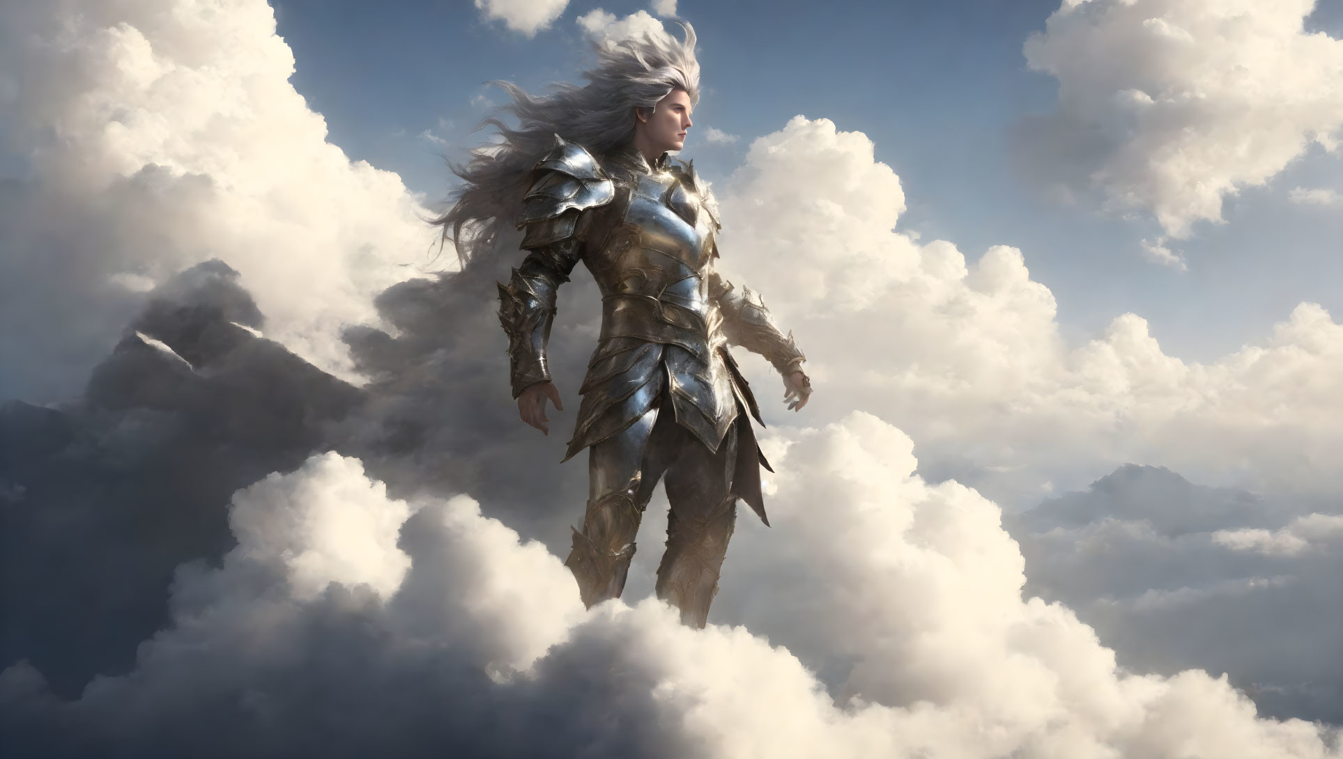 Majestic figure in silver armor with flowing hair and steely gaze