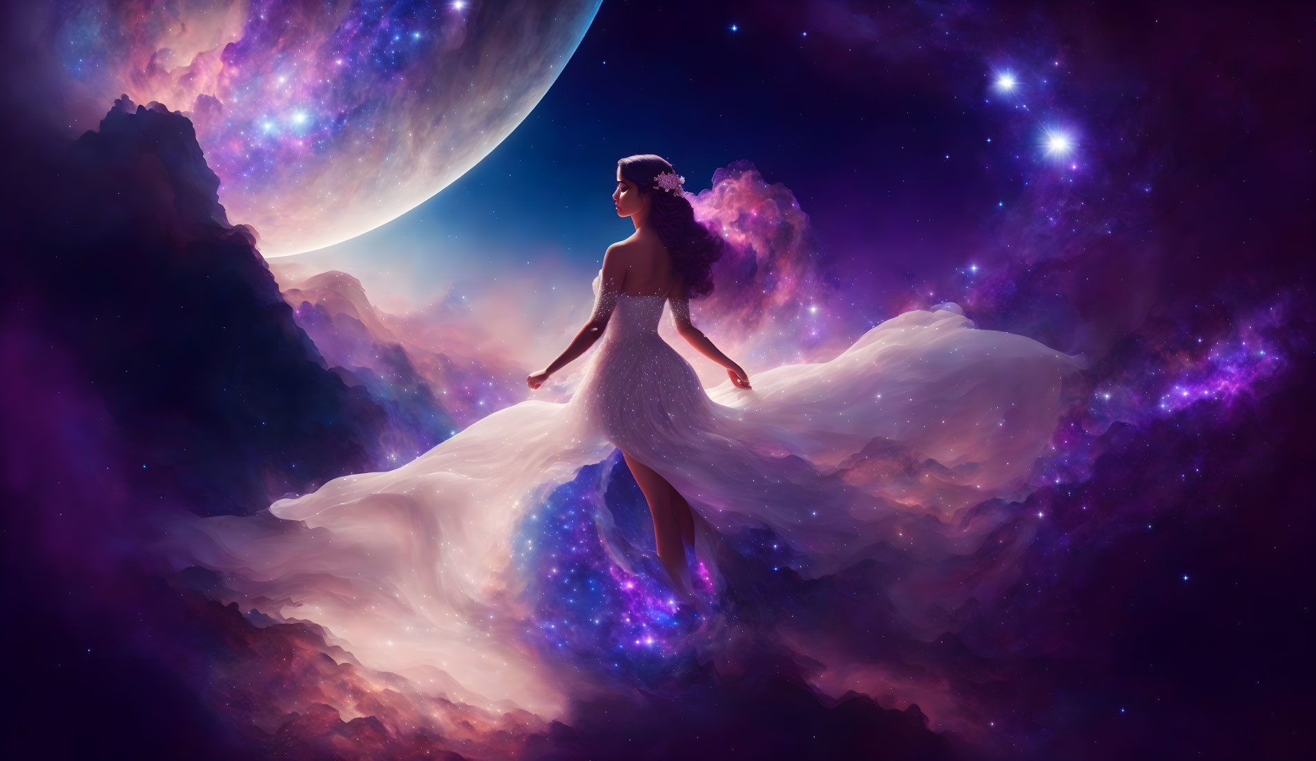 Woman in flowing dress surrounded by cosmic backdrop with stars, nebulas, and moon