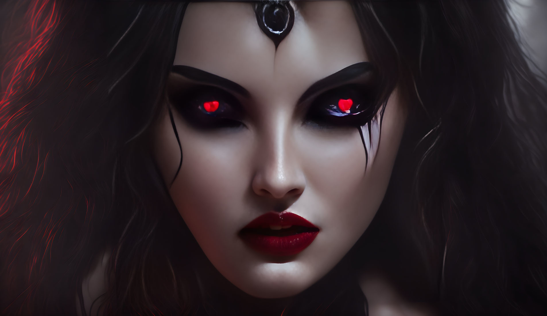 Female with Red Glowing Eyes and Forehead Jewel in Mystical Close-Up