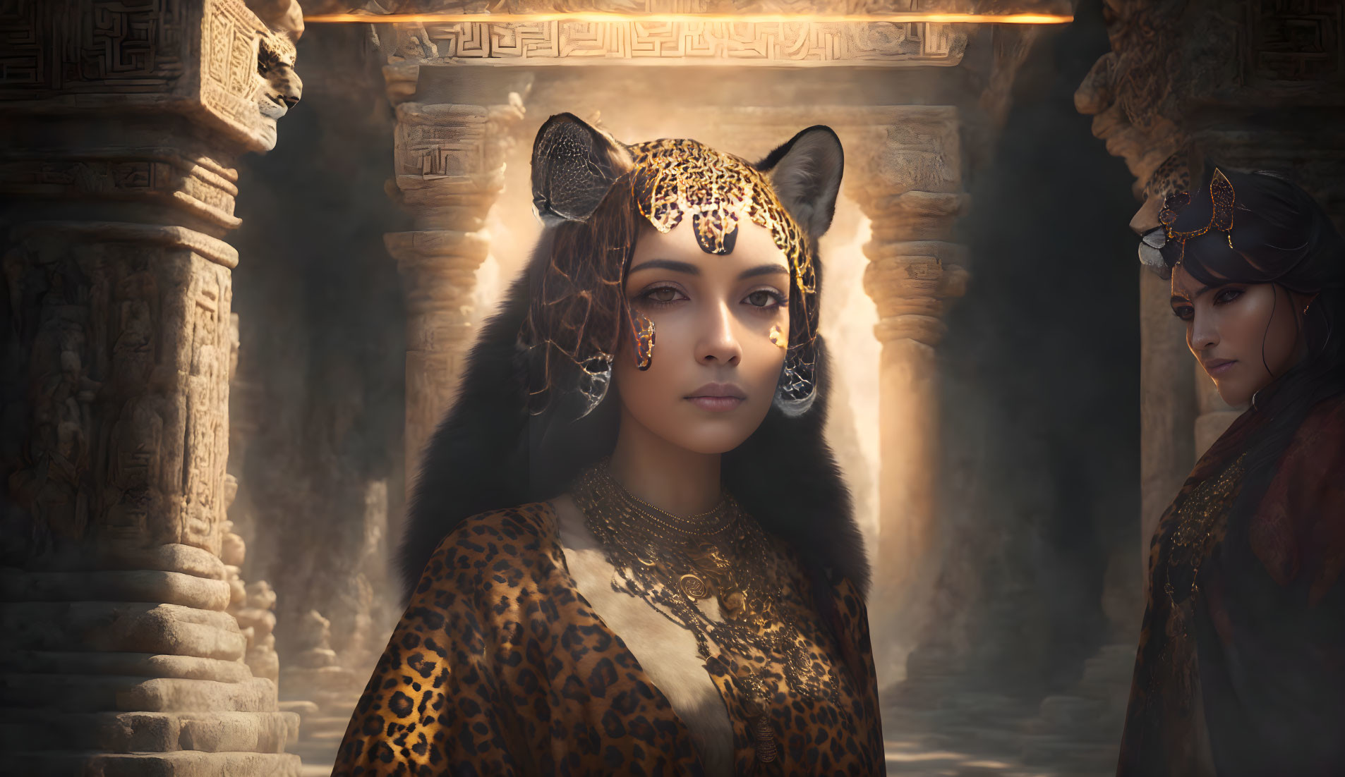 Woman in jaguar-themed makeup and headdress near ancient stone structures
