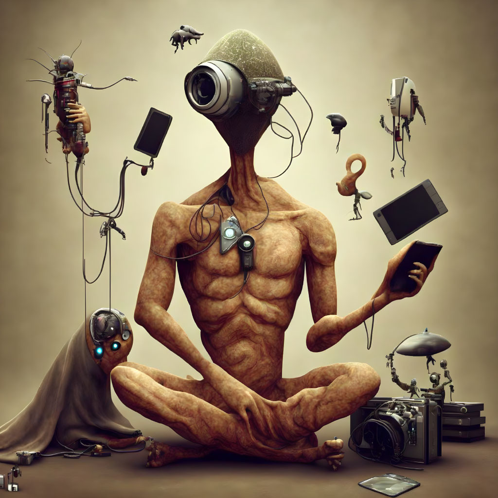 Meditating humanoid figure with glass dome head among mechanical creatures