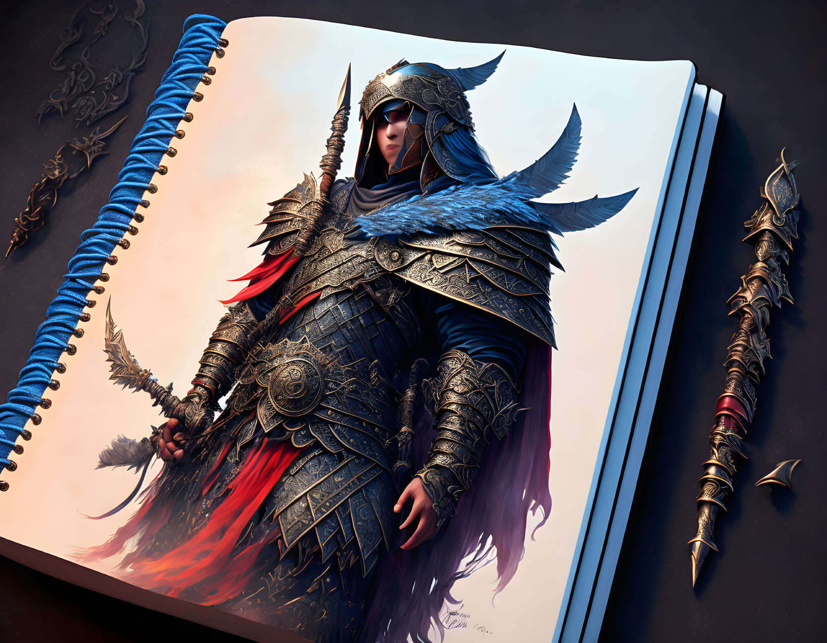 Fantasy warrior in ornate armor with blue cloak on open sketchbook