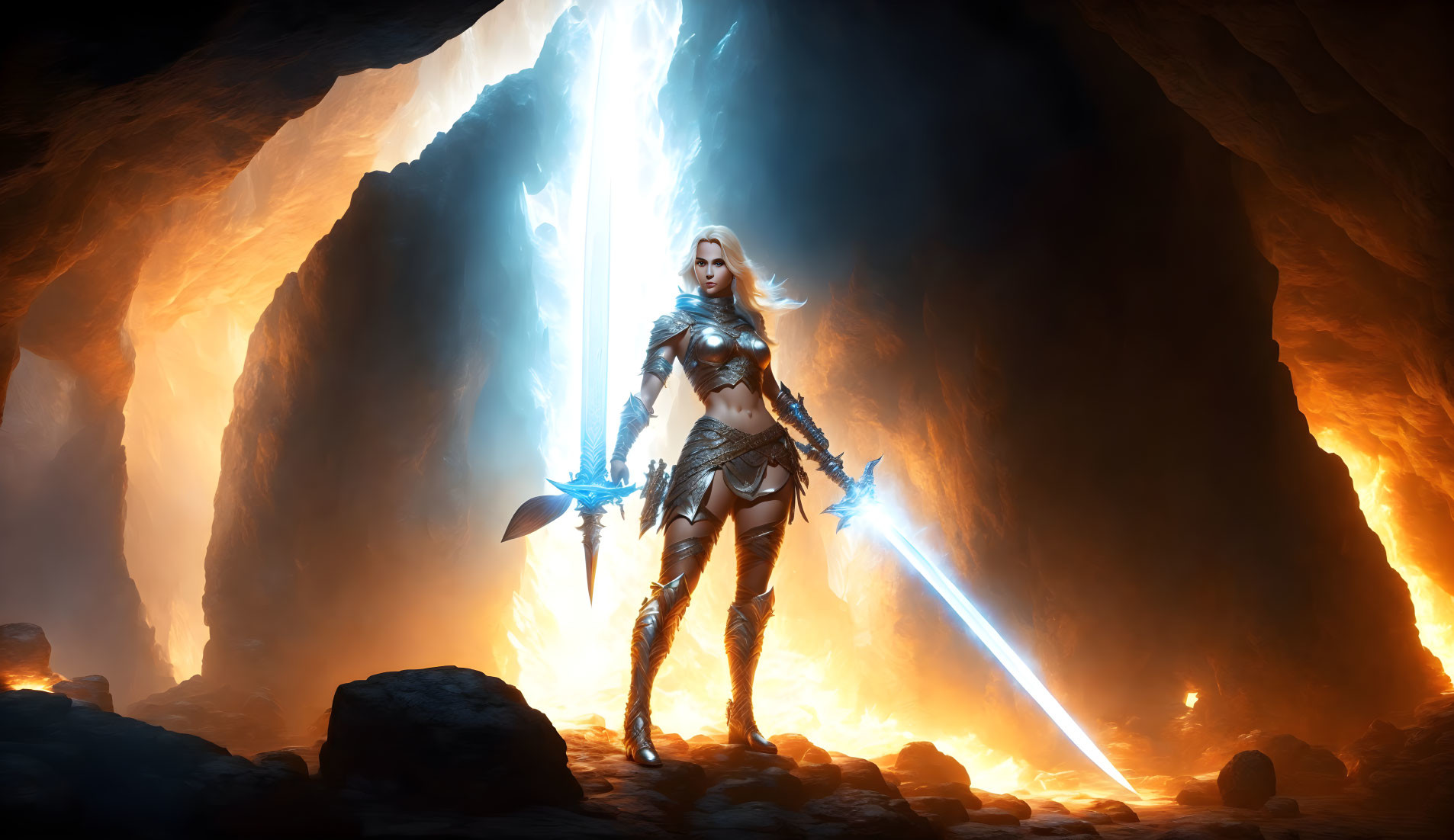 Female warrior in fantasy armor wields glowing sword in lava-filled cave